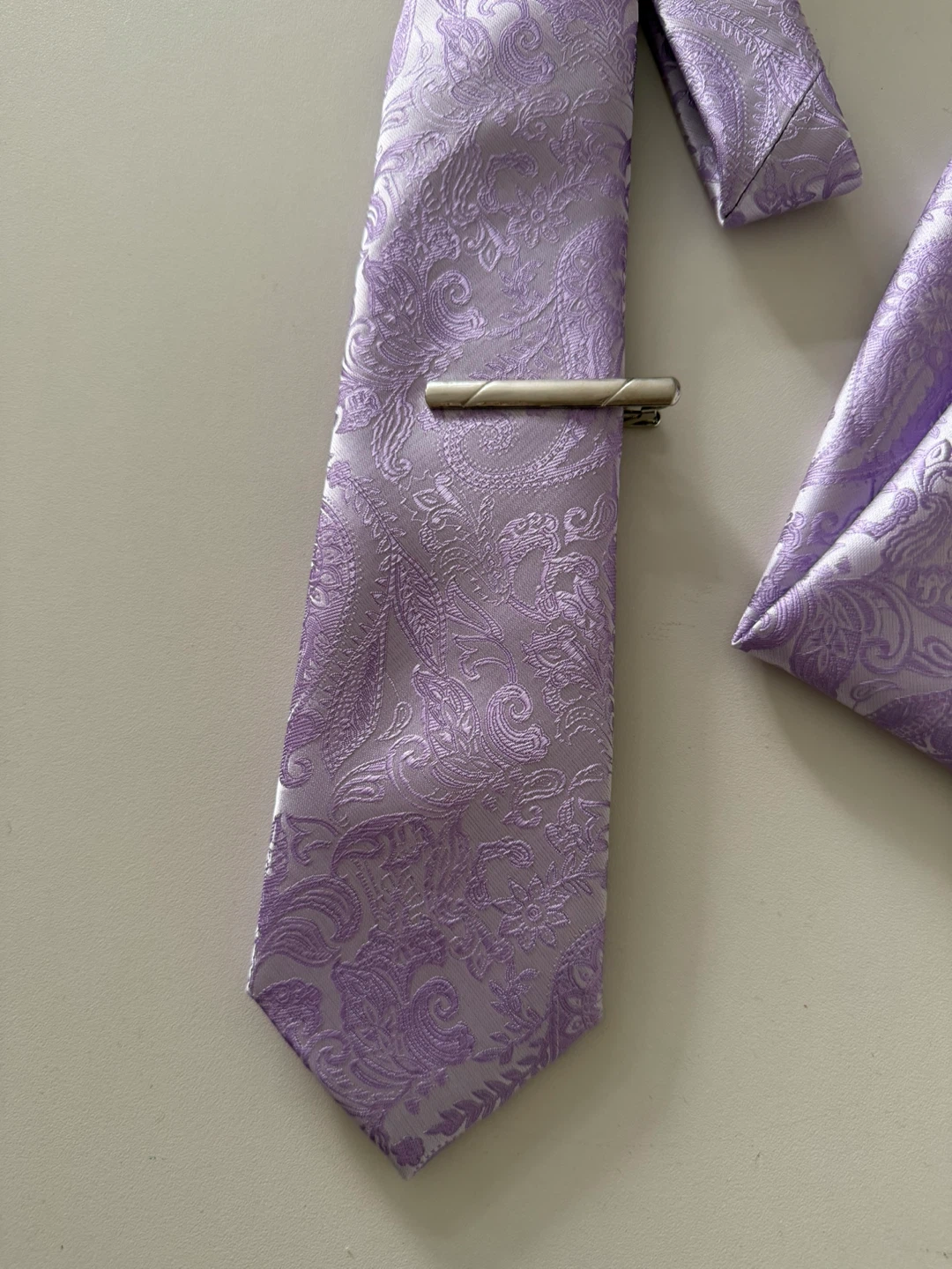 Lavender Paisley Silk Tie and Pocket Square Set with Tie Clip - photo 2