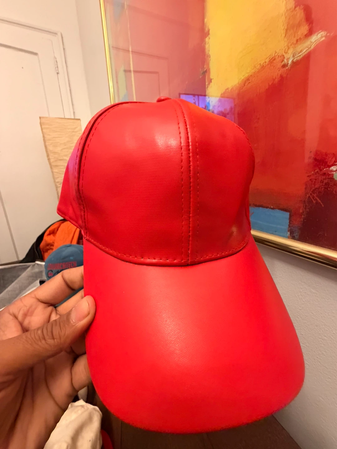 Red Faux Leather Baseball Cap