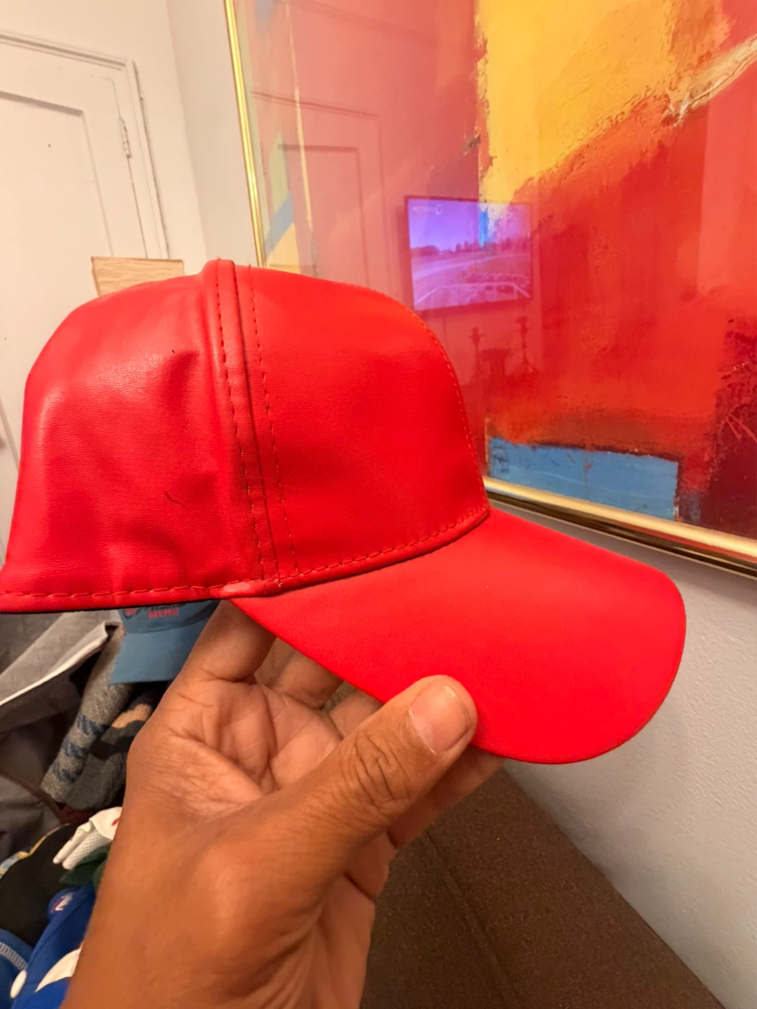 Red Faux Leather Baseball Cap - photo 2