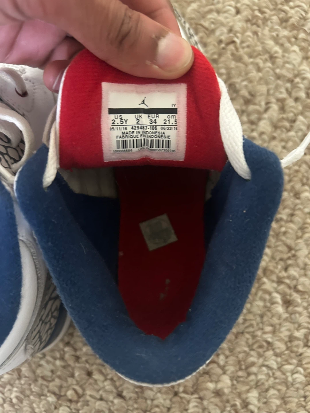 Jordan 3 Retro BP Youth Size 2.5 White/Fire Red-True Blue - photo 5