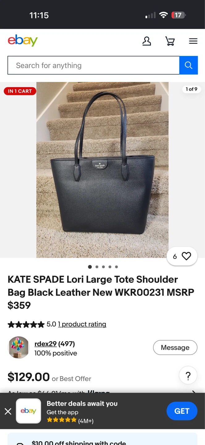 Kate Spade Lori Large Tote Bag Black Leather WKR00231