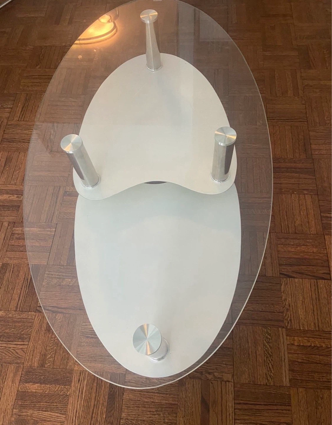 Glass Oval Coffee Table with White Shelf