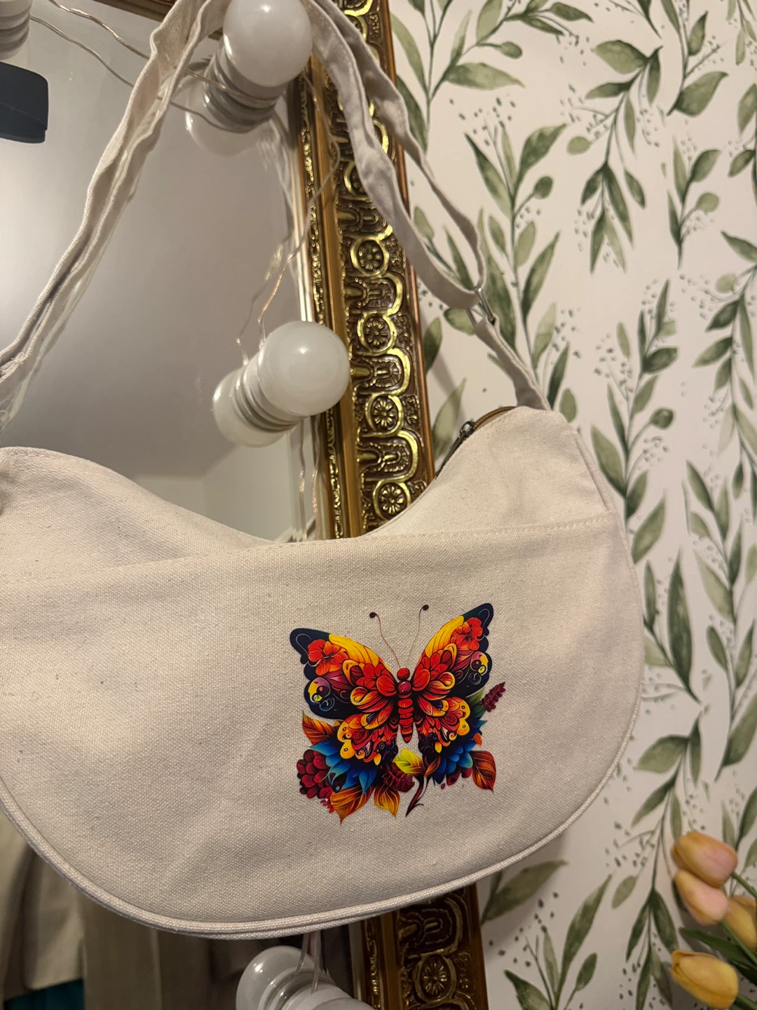 Canvas cotton Shoulder Bag with Butterfly Graphic