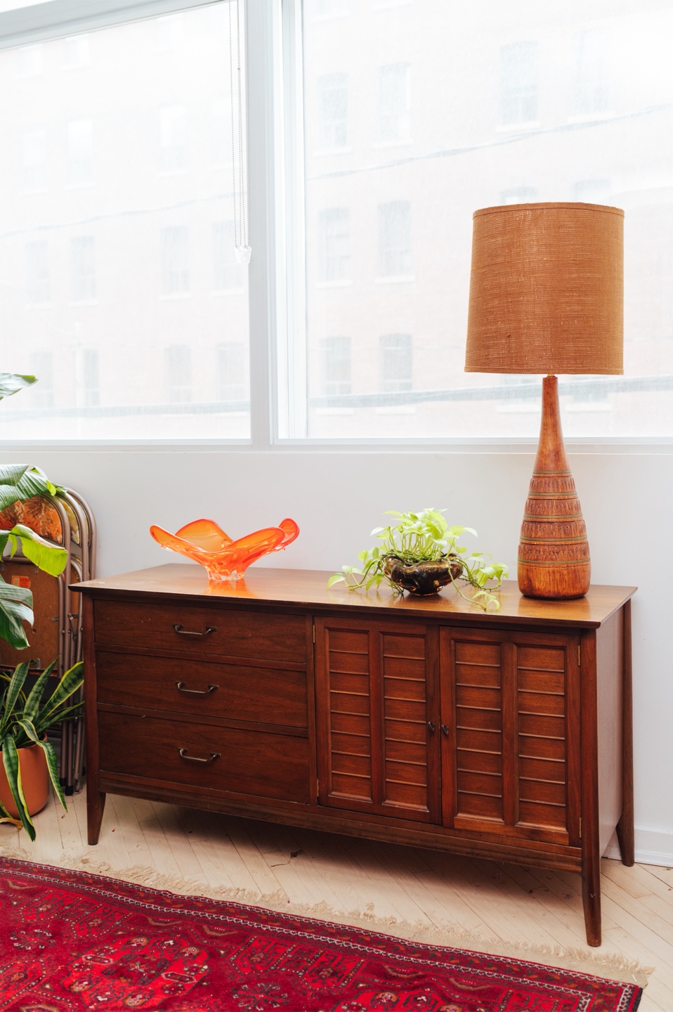 Midcentury Vintage Walnut Credenza with Louvered Doors by Krug