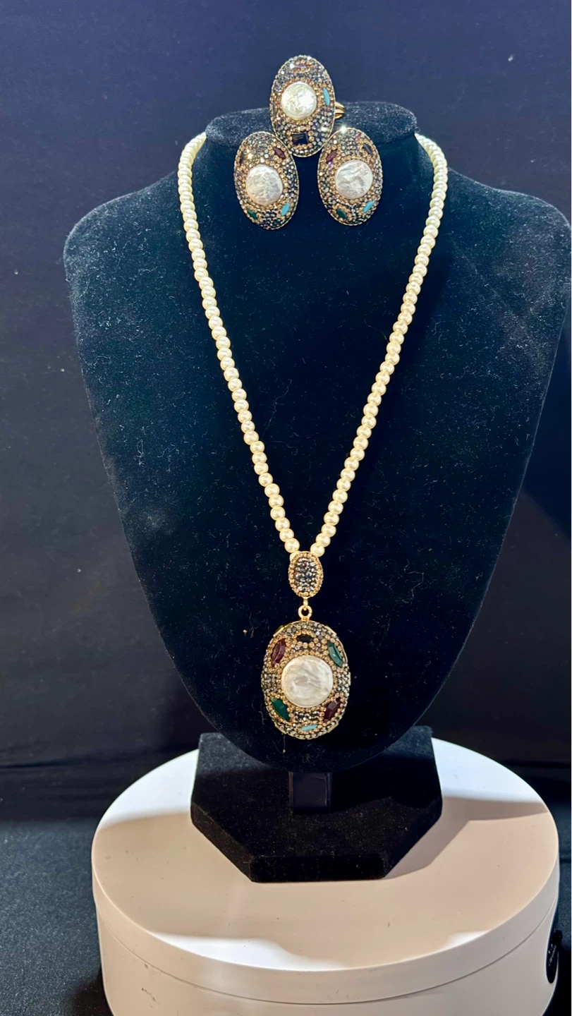 Turkish Pearl Necklace, Earrings, and Ring Set