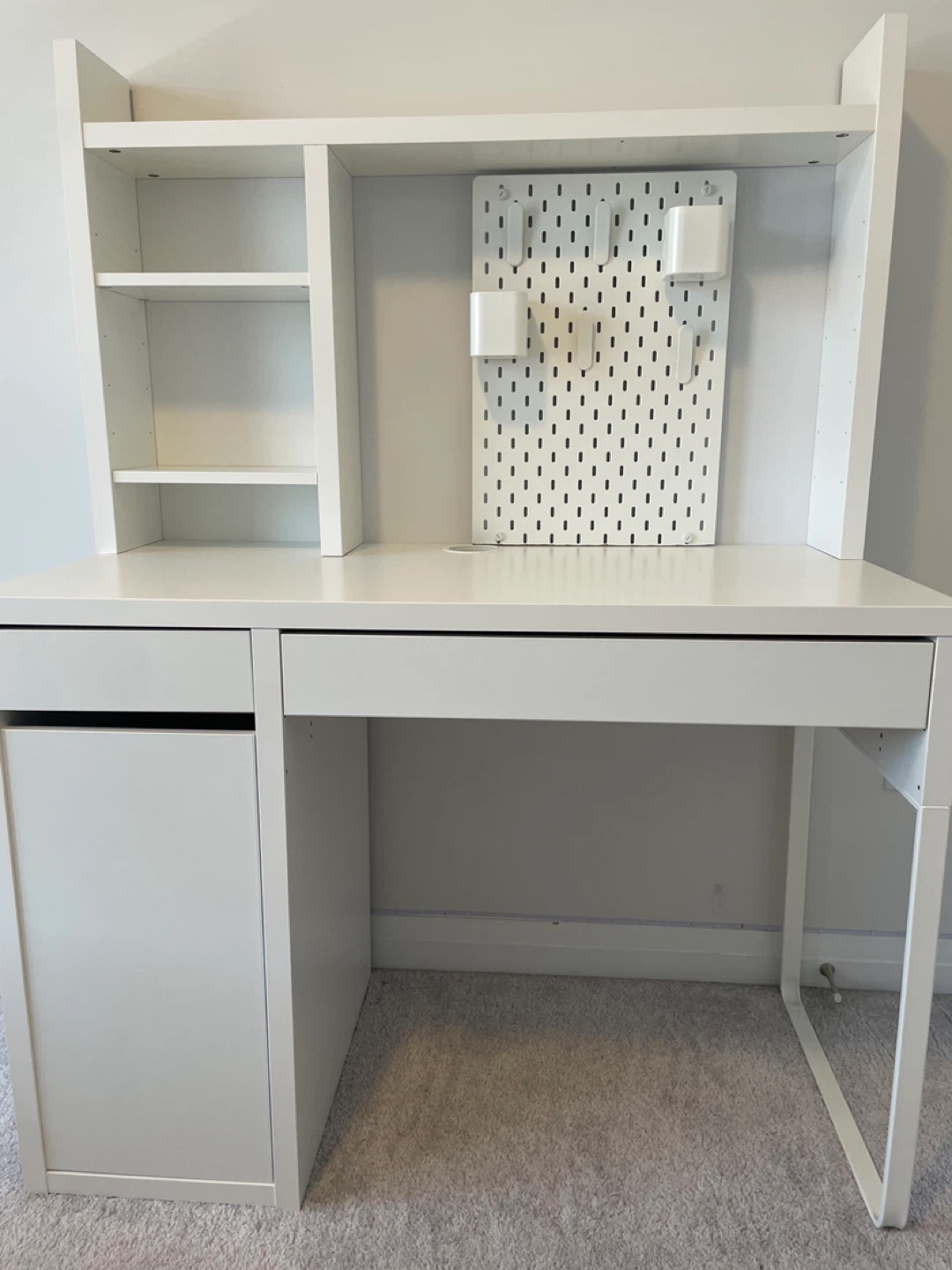 White IKEA Desk with Hutch and Pegboard
