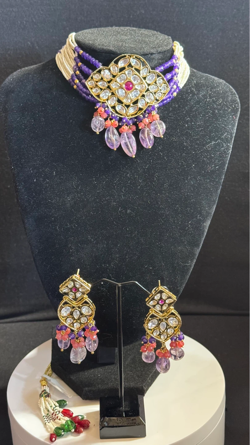 Purple kundan polki choker set