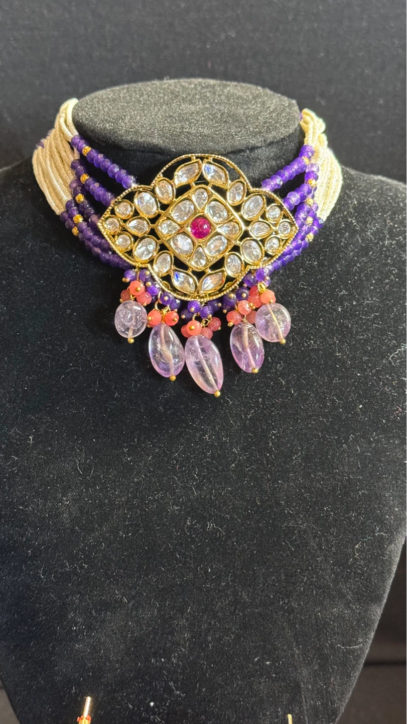 Purple kundan polki choker set - photo 2