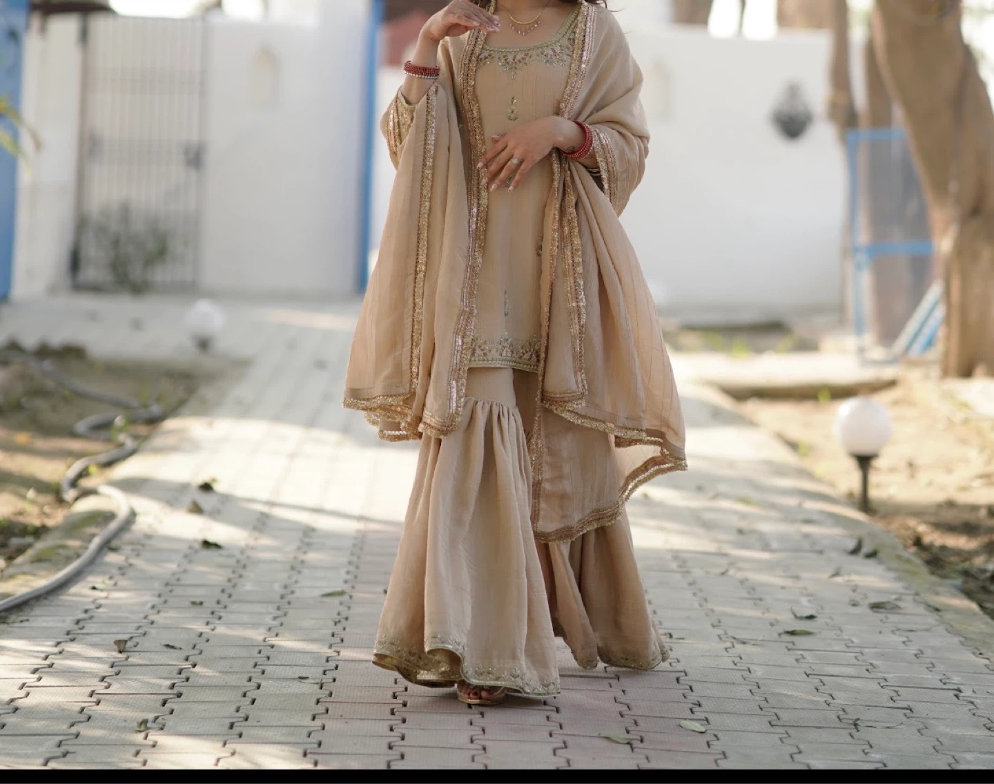 Women's Beige/Golden Sharara Suit