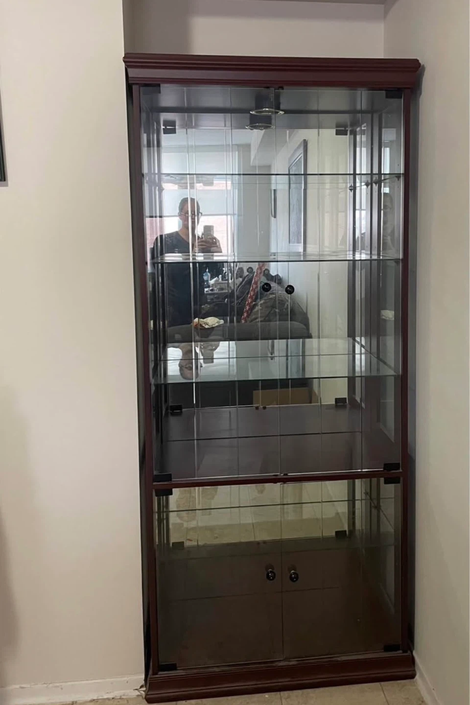 Wooden Display Cabinet with Glass Doors and Drawers