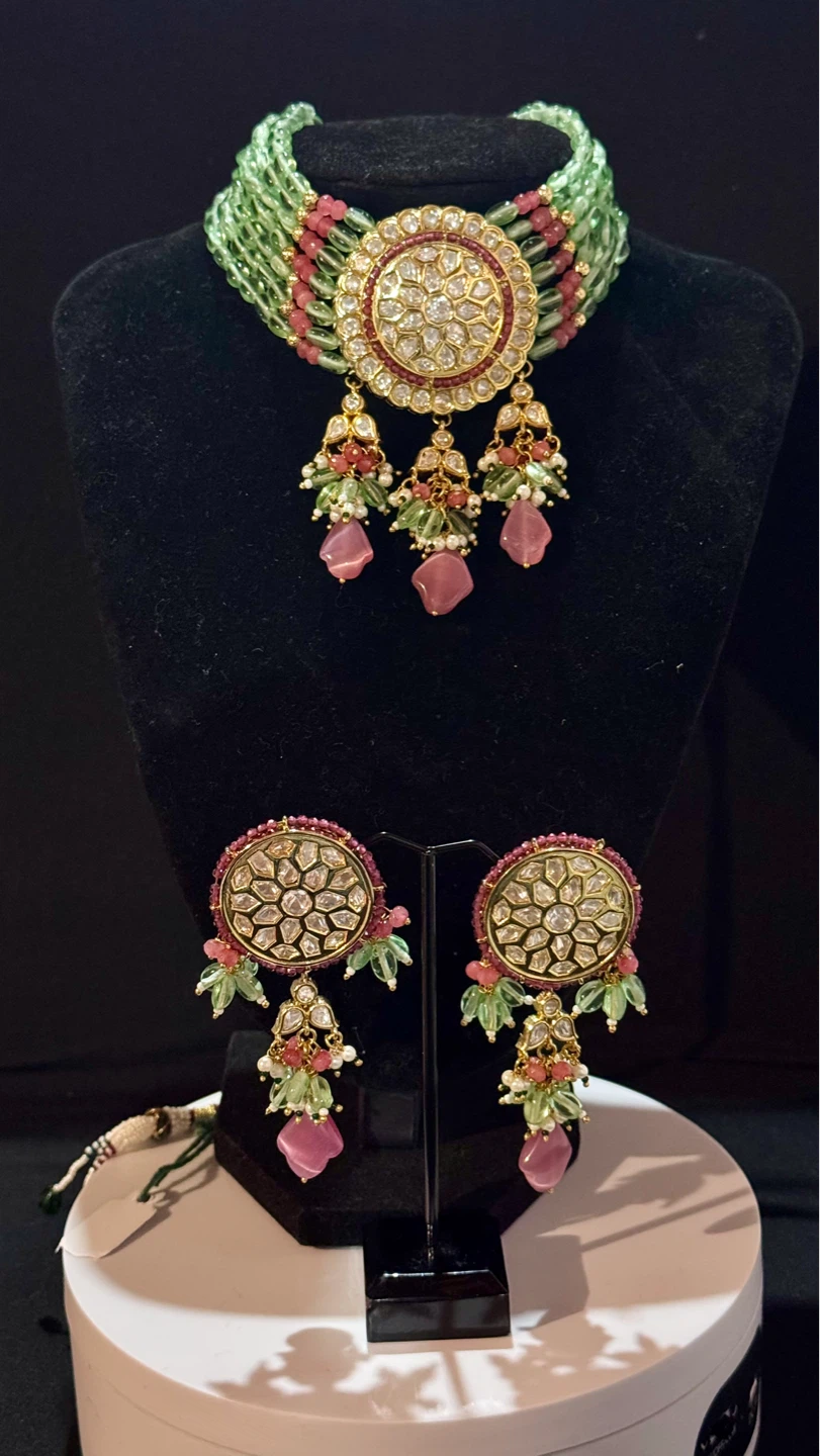 Mint/pink tayani kundan choker set