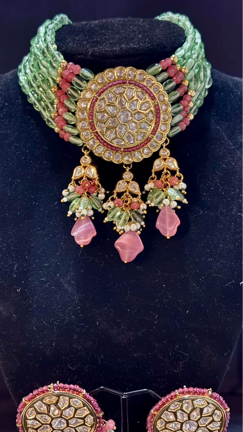 Mint/pink tayani kundan choker set - photo 2
