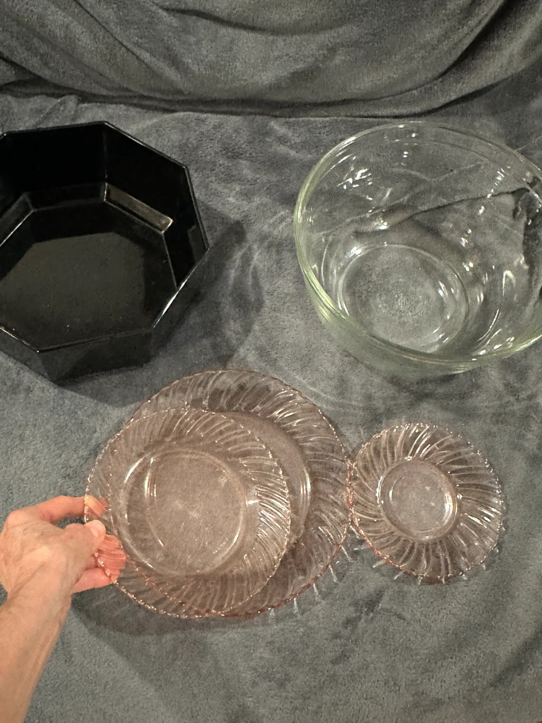 Pink Glass Swirl Plates and Clear Glass Bowl Set