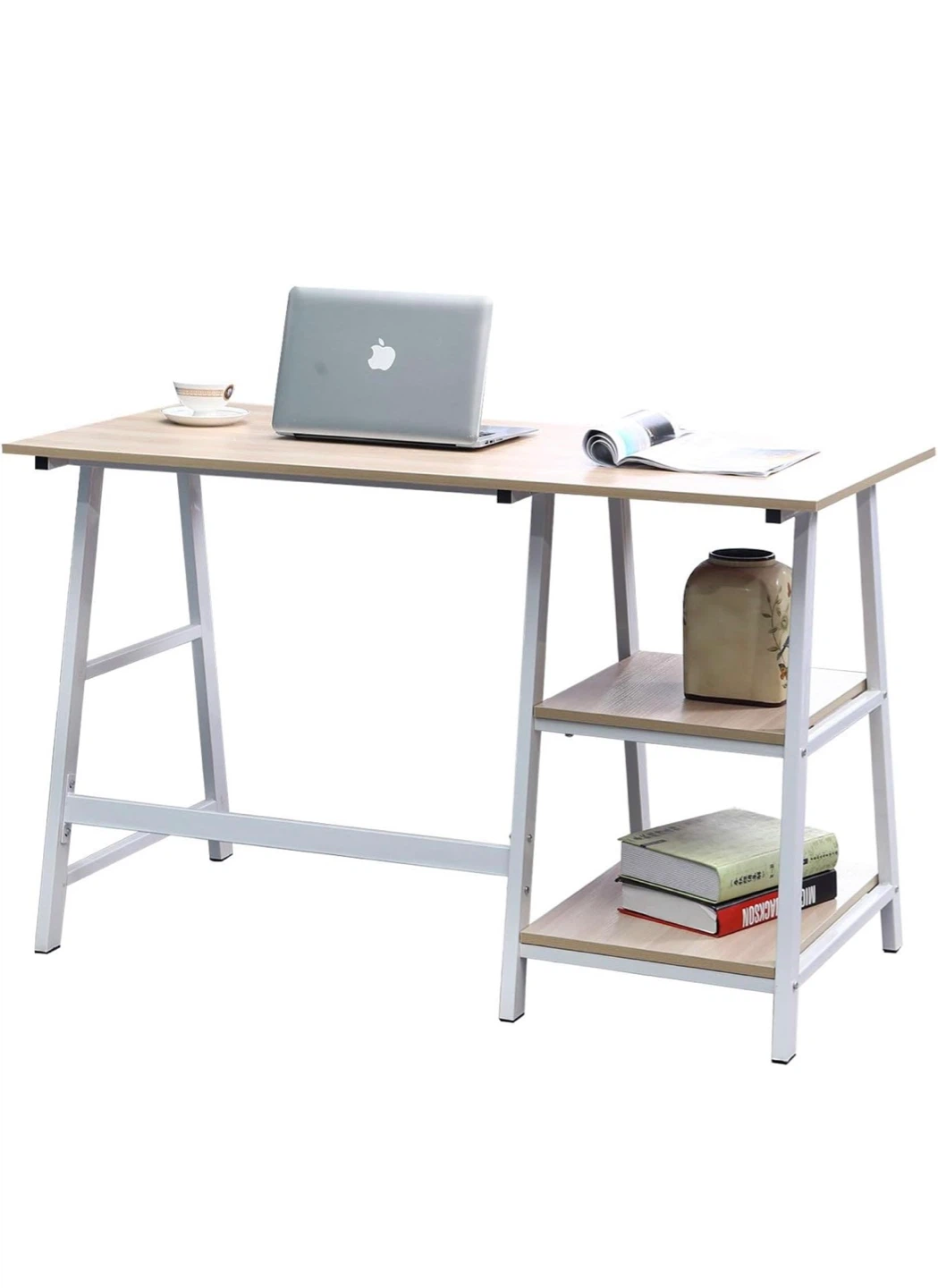 Wooden Top Desk with White Metal Frame and Shelves
