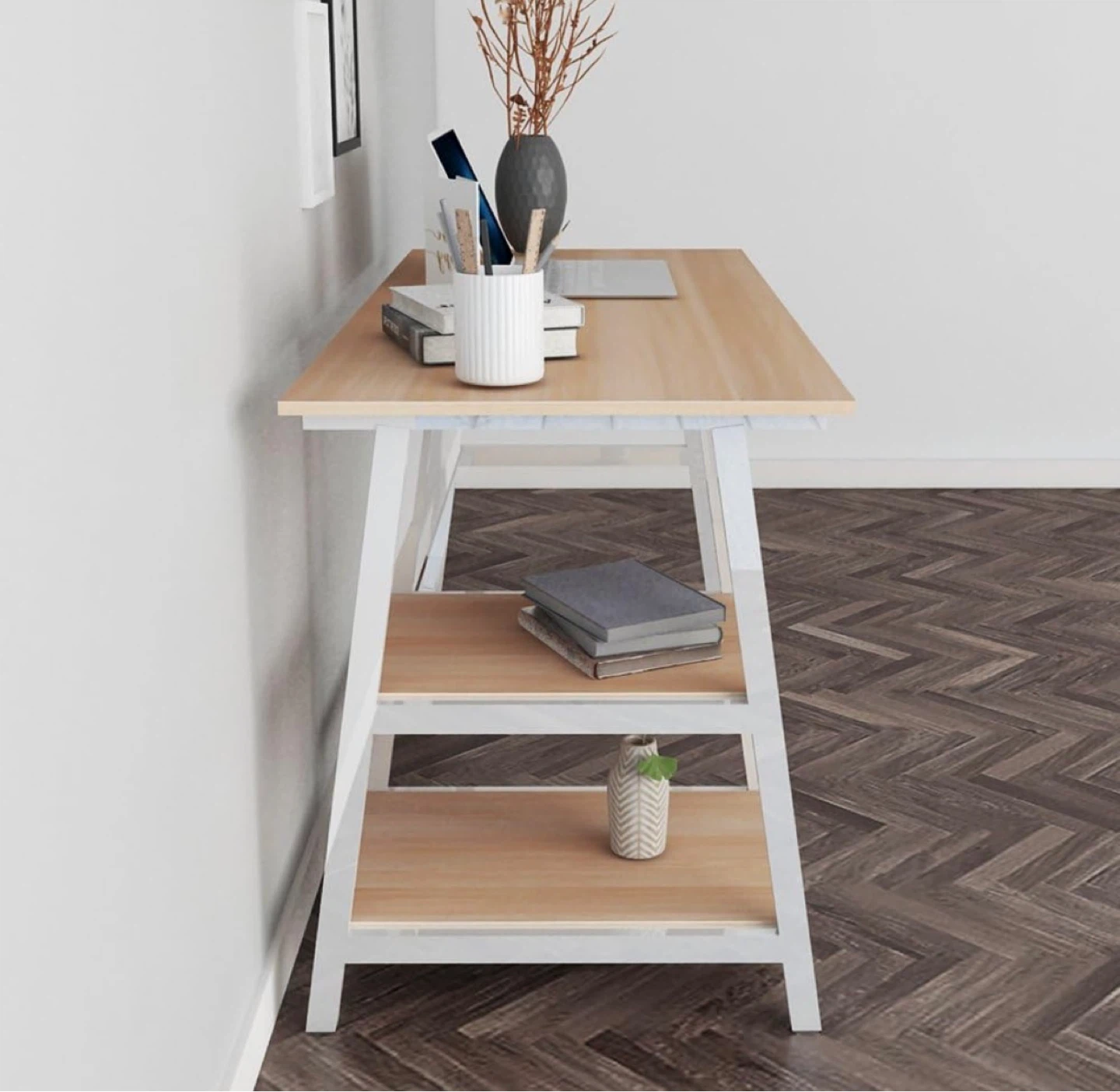 Wooden Top Desk with White Metal Frame and Shelves - photo 3