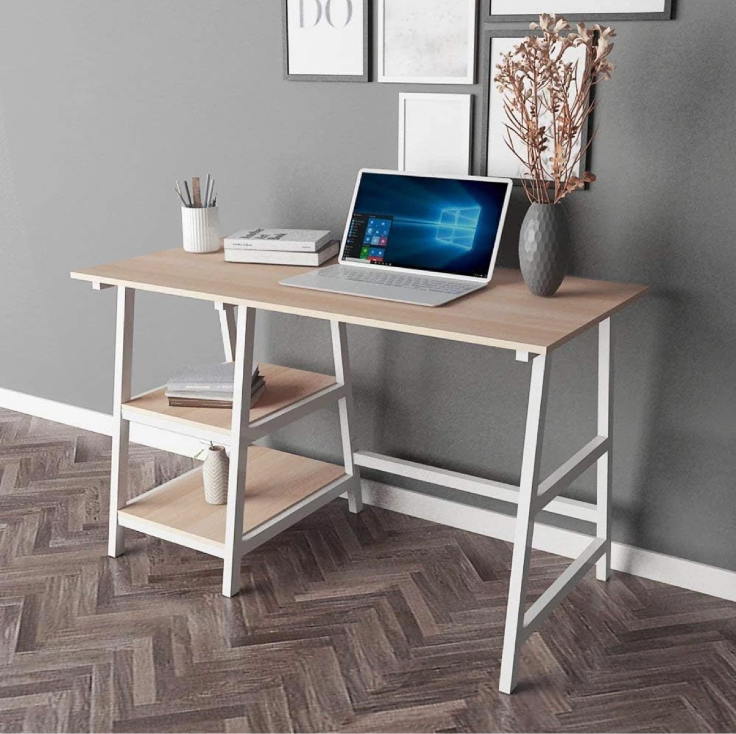 Wooden Top Desk with White Metal Frame and Shelves - photo 2