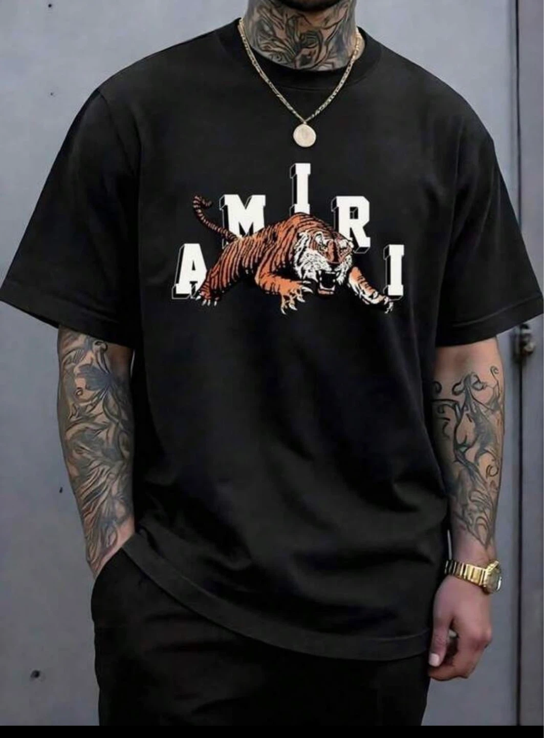 Amiri Black T-Shirt with Tiger Graphic