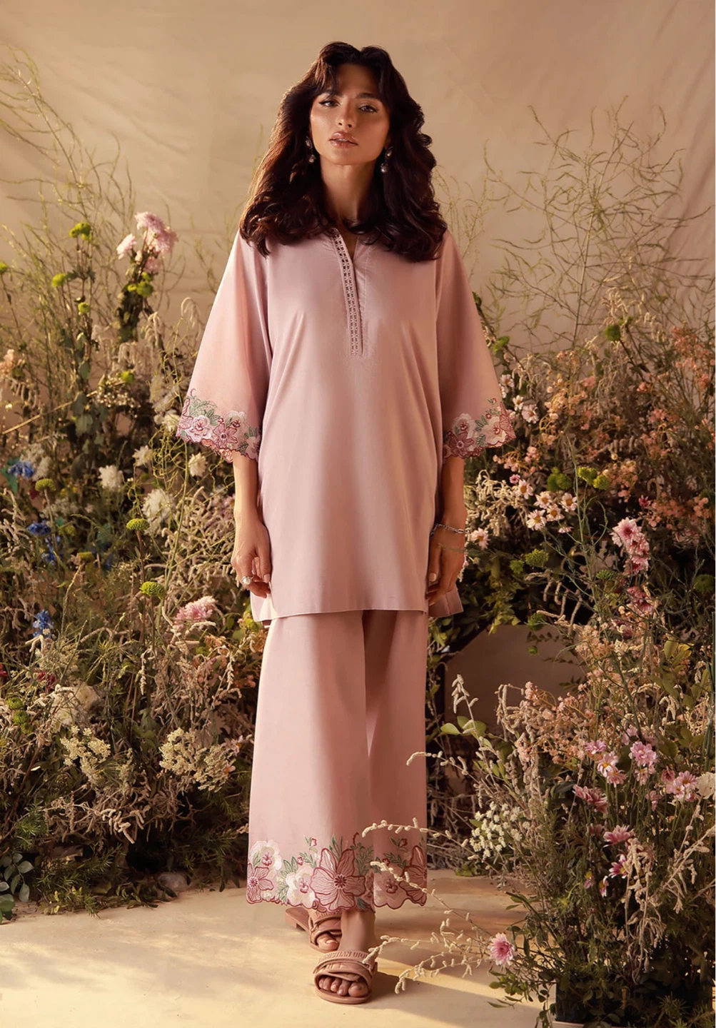 Tea Rose Pink Embroidered Kurta Set with Trousers