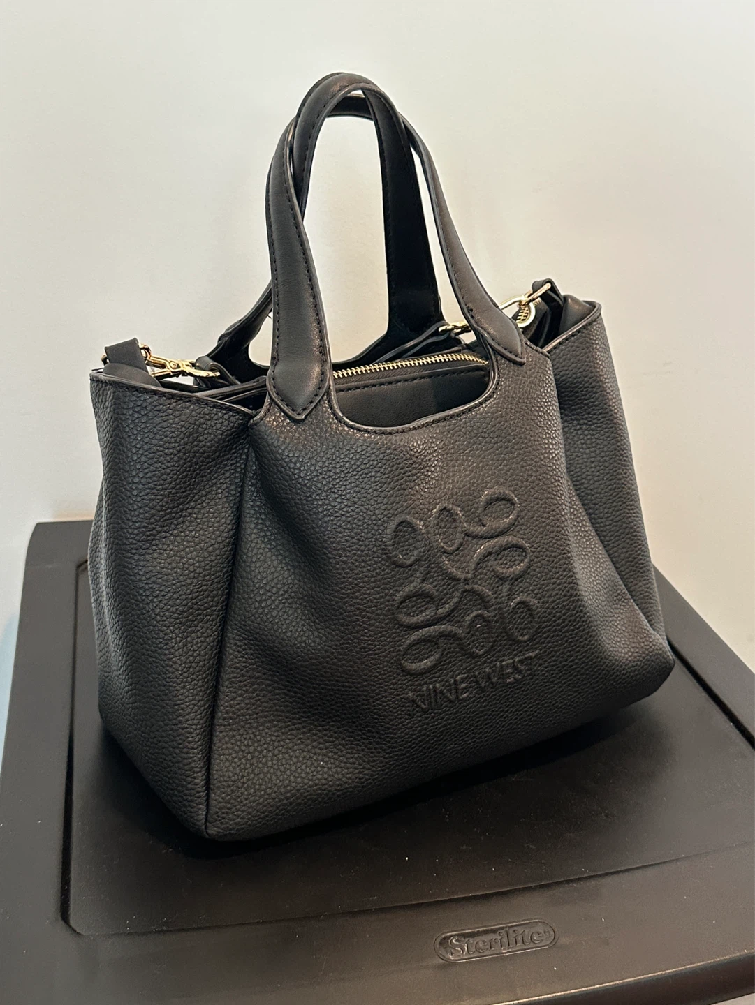 Nine West Black Leather Satchel Handbag with Shoulder Strap