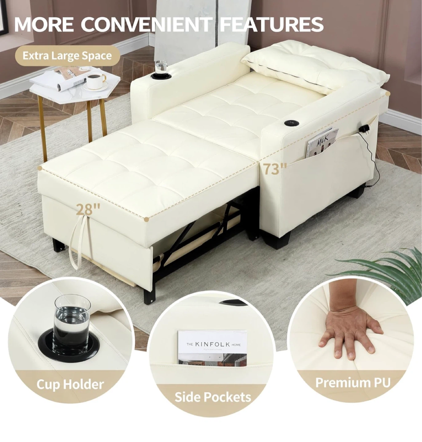 Cream Convertible Sofa Chair Bed with Cup Holders & Side Pockets - photo 5