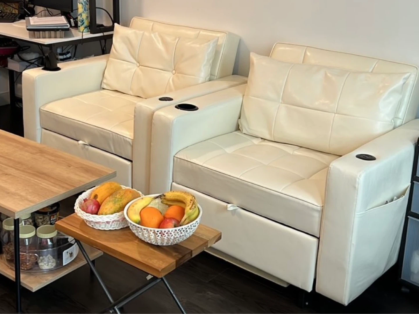 Cream Convertible Sofa Chair Bed with Cup Holders & Side Pockets