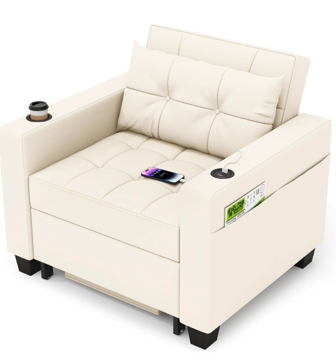 Cream Convertible Sofa Chair Bed with Cup Holders & Side Pockets - photo 3