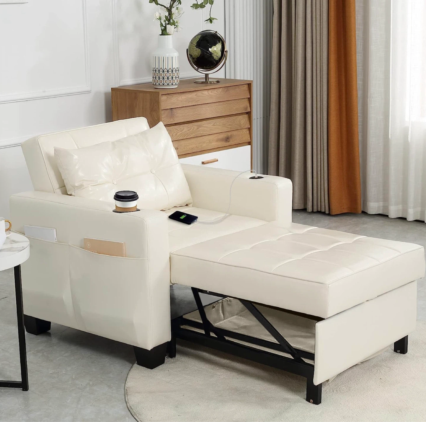 Cream Convertible Sofa Chair Bed with Cup Holders & Side Pockets - photo 4