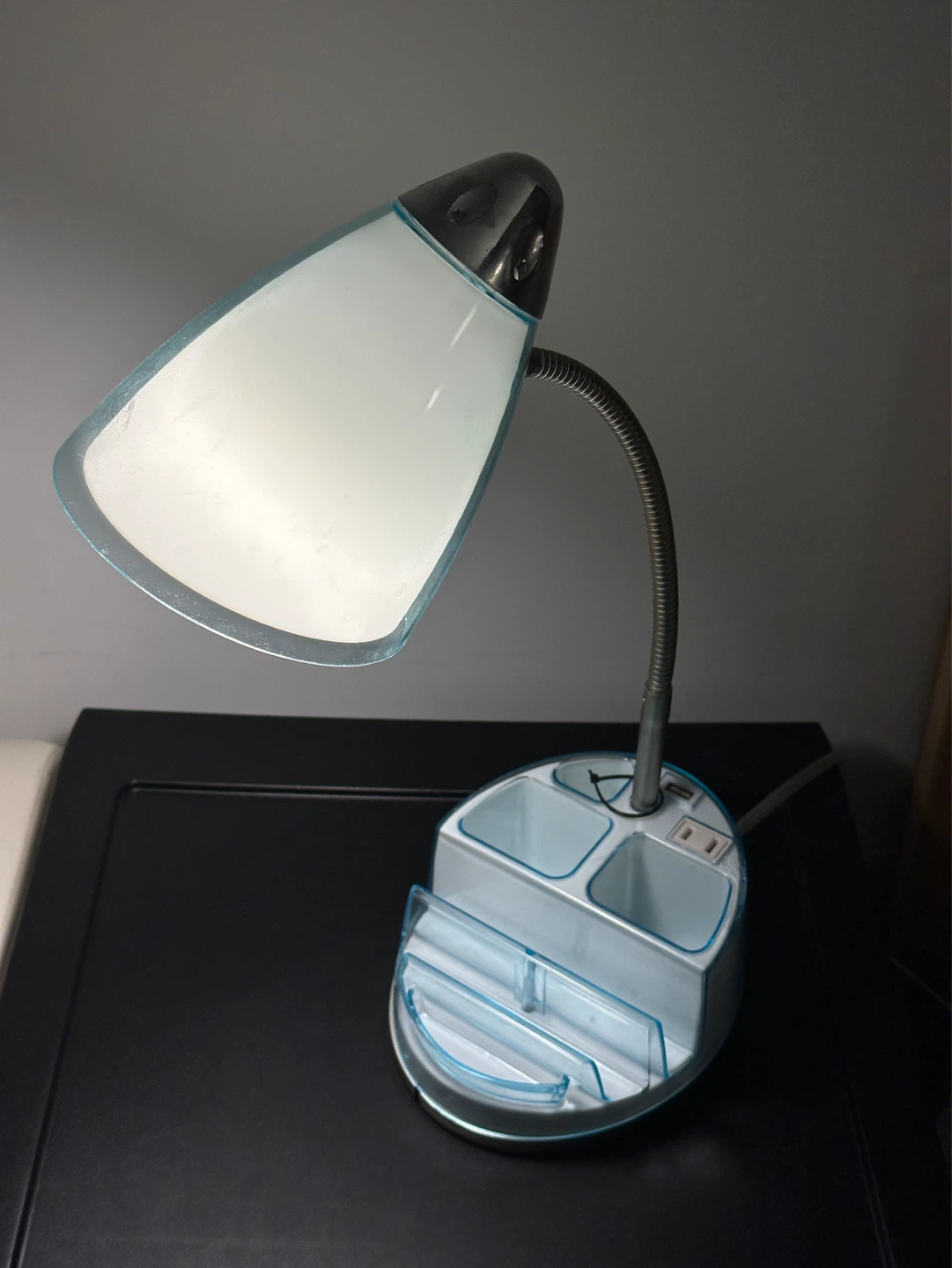 White and Blue Desk Lamp with Organizer and USB Port and socket