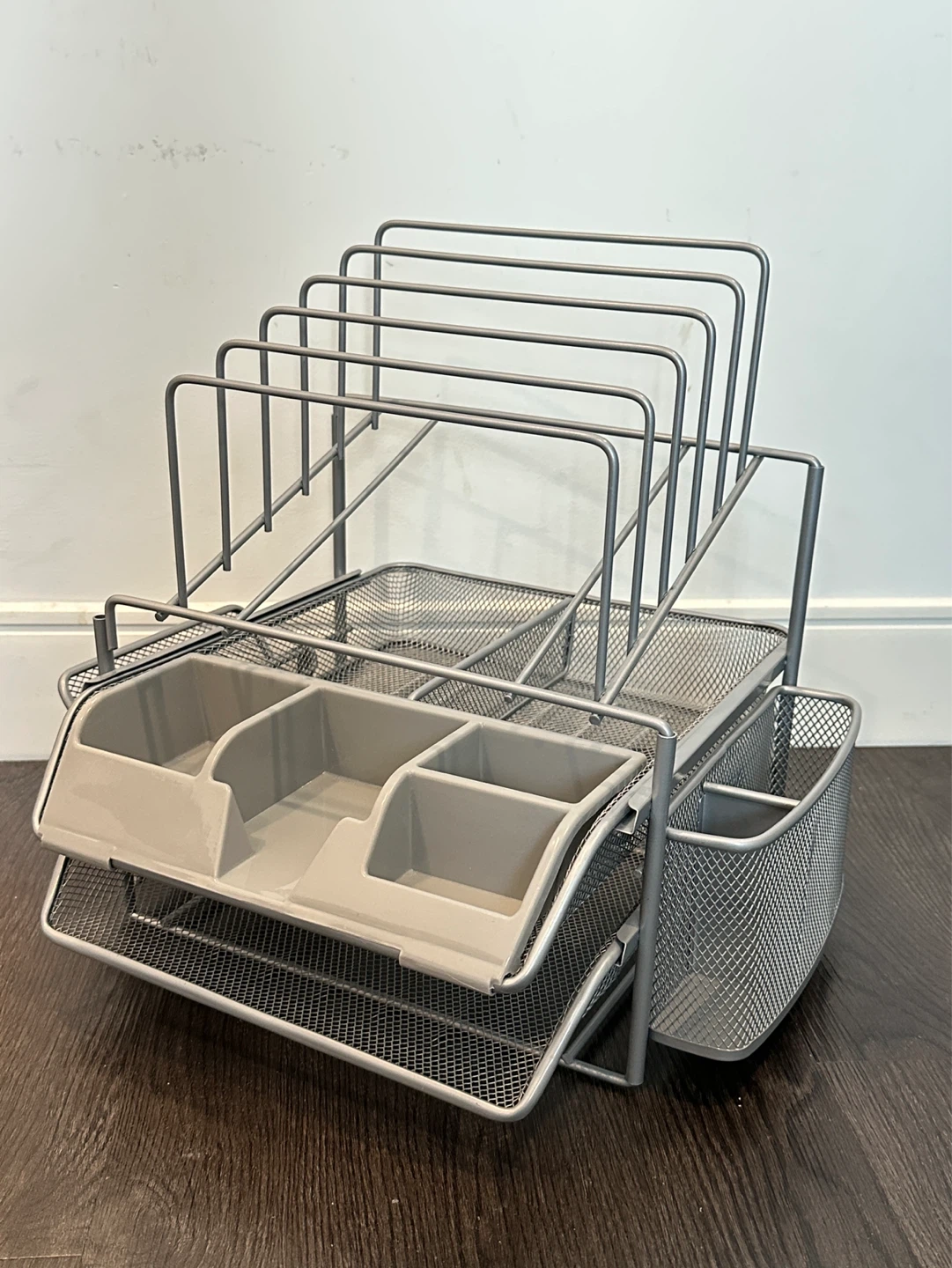 Silver Mesh Desk Organizer with 5 Slots and Drawer