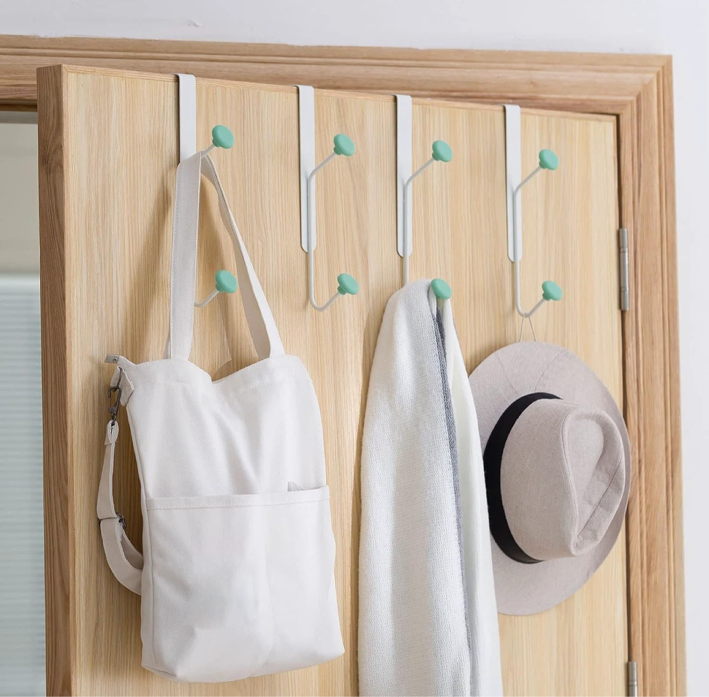 Over the Door Hook Rack with 8 Hooks. White and Mint Green