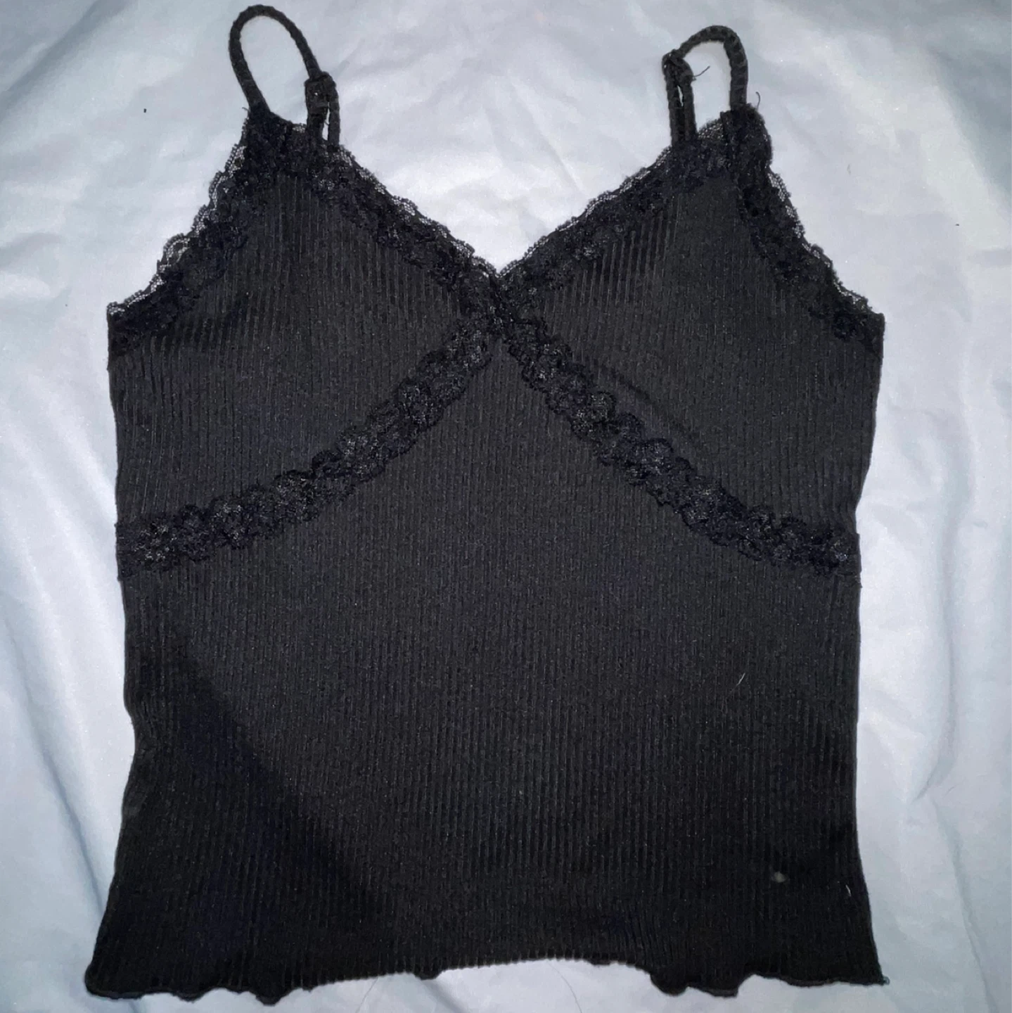 Black ribbed cami top with lace trim