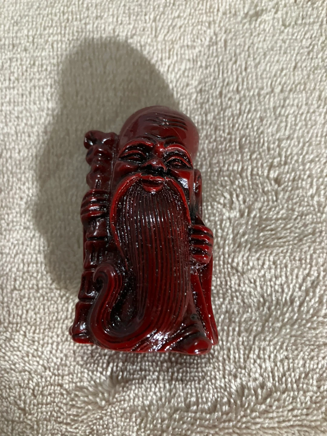 Red Chinese Old Man Figurine with Staff