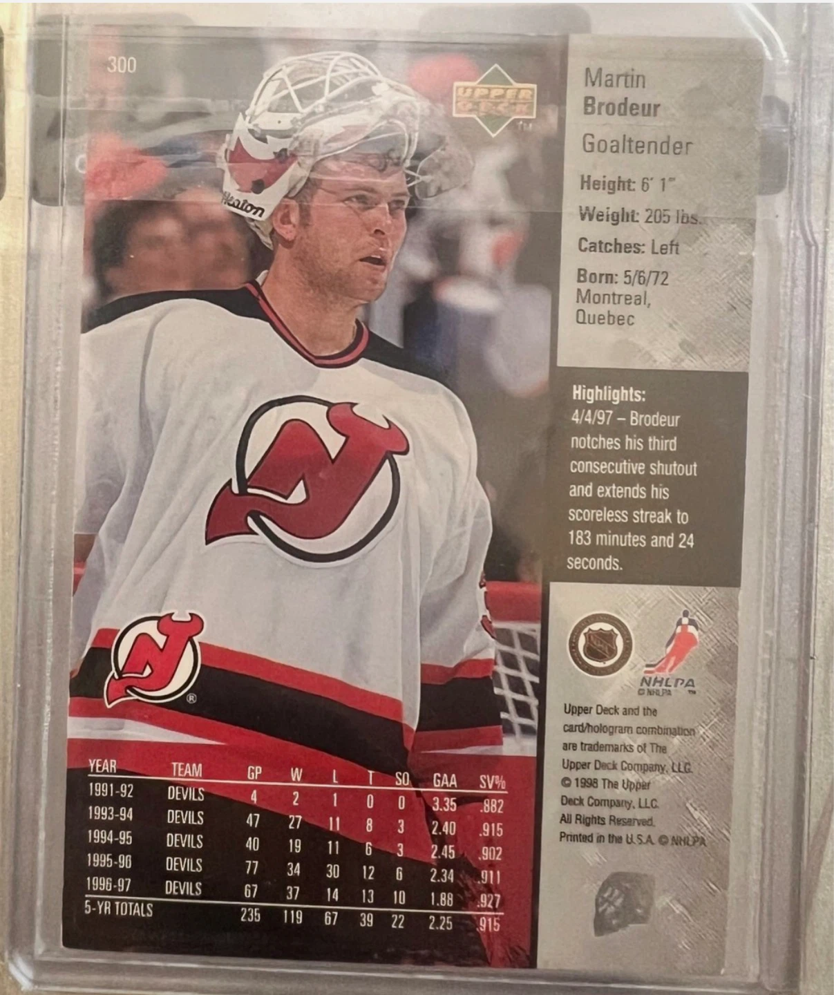 Martin Brodeur Upper Deck 1998 Hockey Card