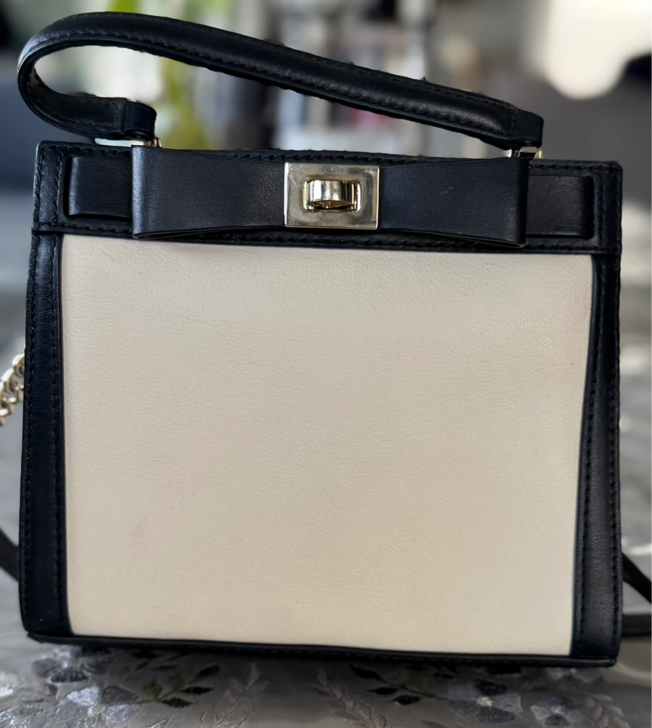 Black and Cream Top Handle Bag with Bow Detail kate spade