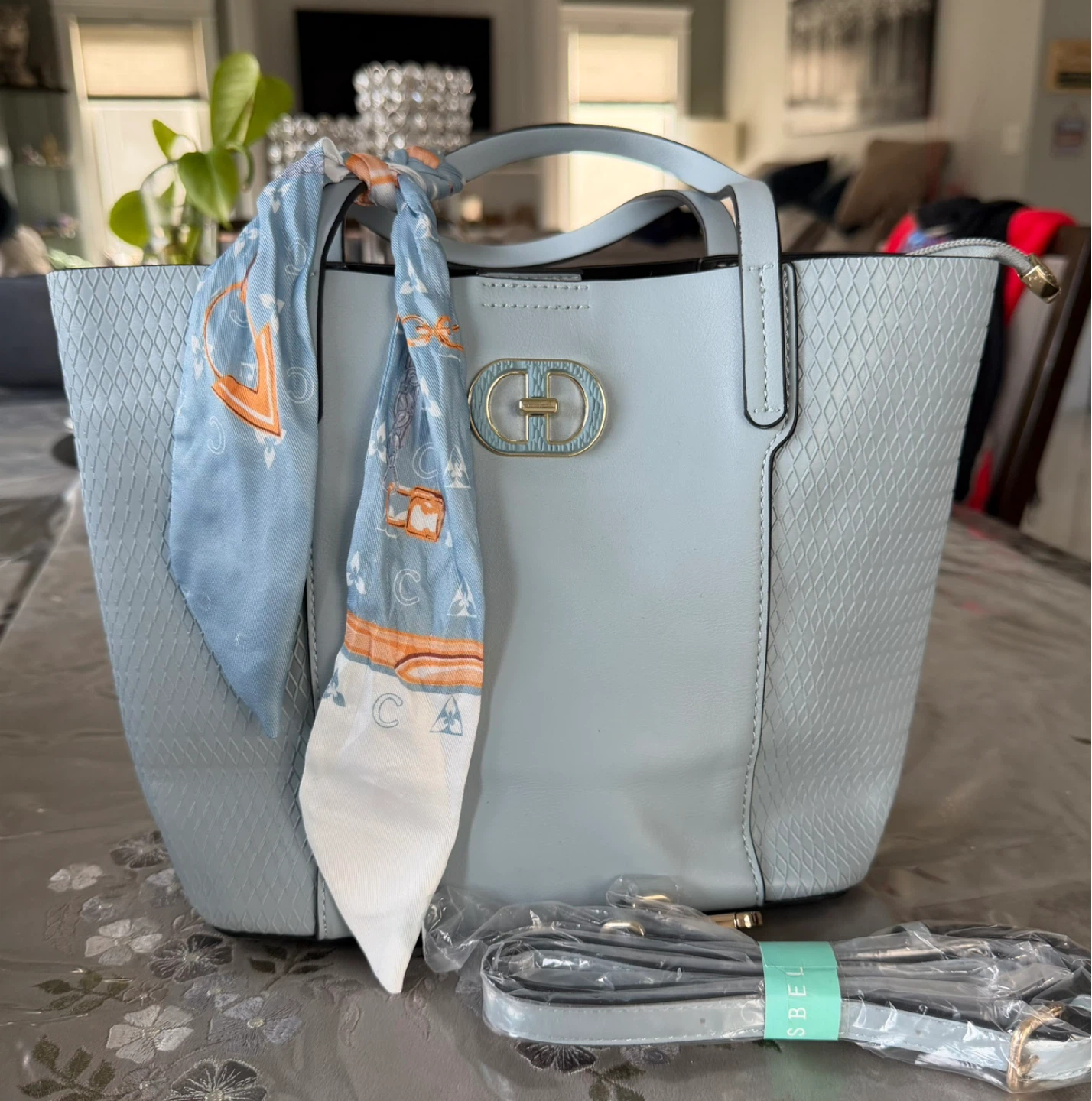 Light Blue Textured Tote Bag with Scarf