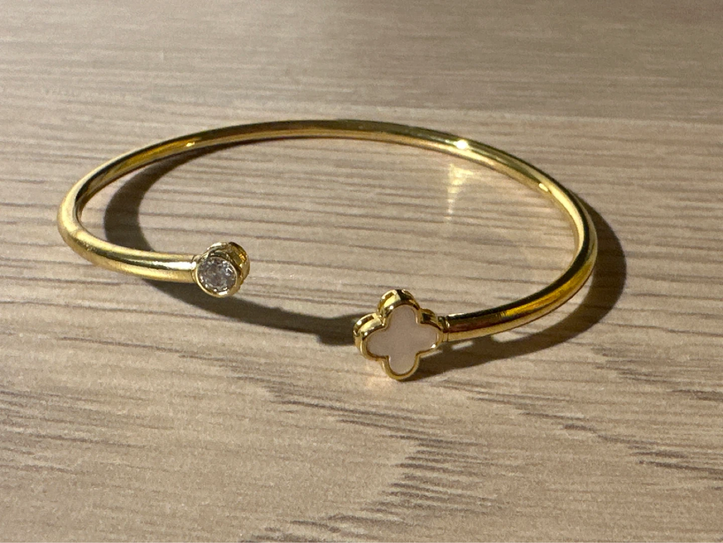 Gold Tone Clover and Crystal Bangle Bracelet