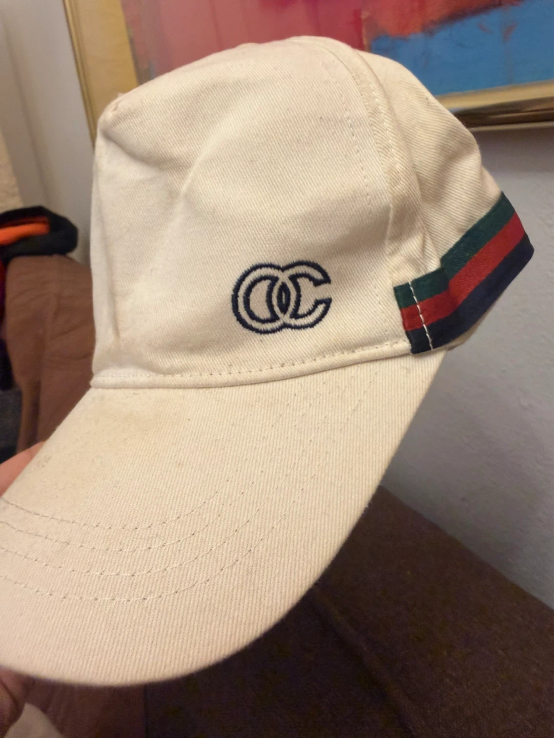 Cream Cotton Baseball Cap with Striped Band
