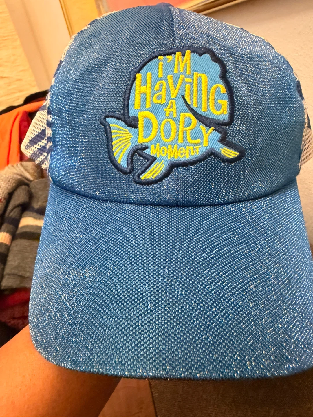 Blue "I'm Having a Dory Moment" Mesh Trucker Hat