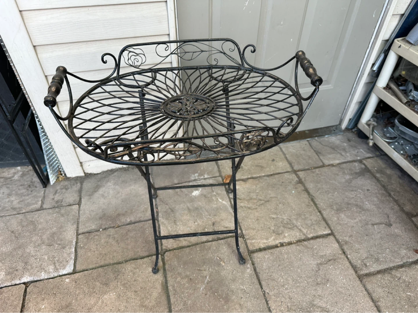 Vintage Black Metal Folding Plant Stand / Side Table
