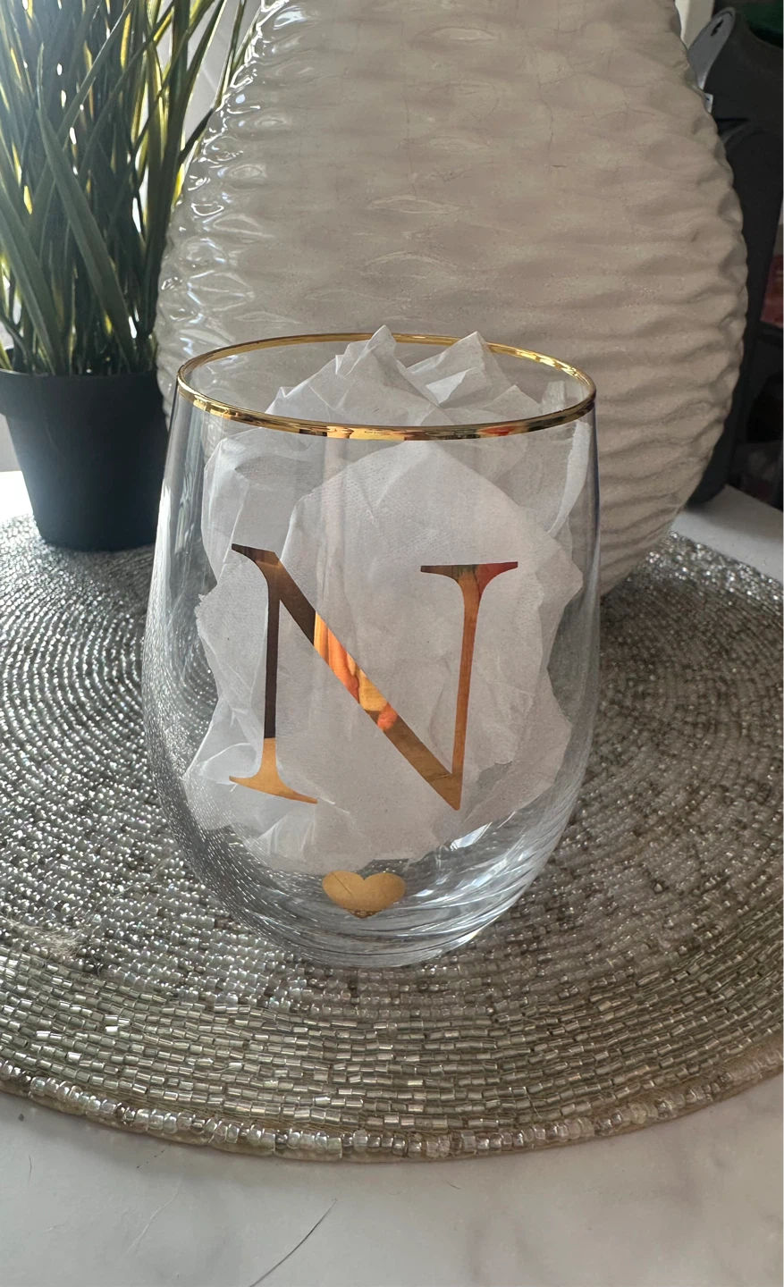 Stemless Wine Glass with Gold Trim and "N" Letter