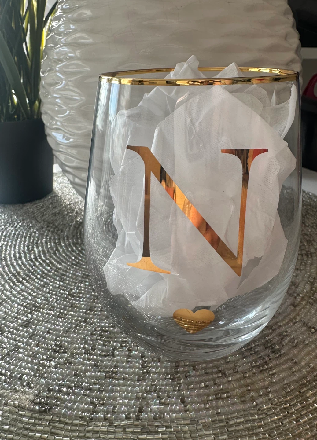 Stemless Wine Glass with Gold Trim and "N" Letter - photo 2