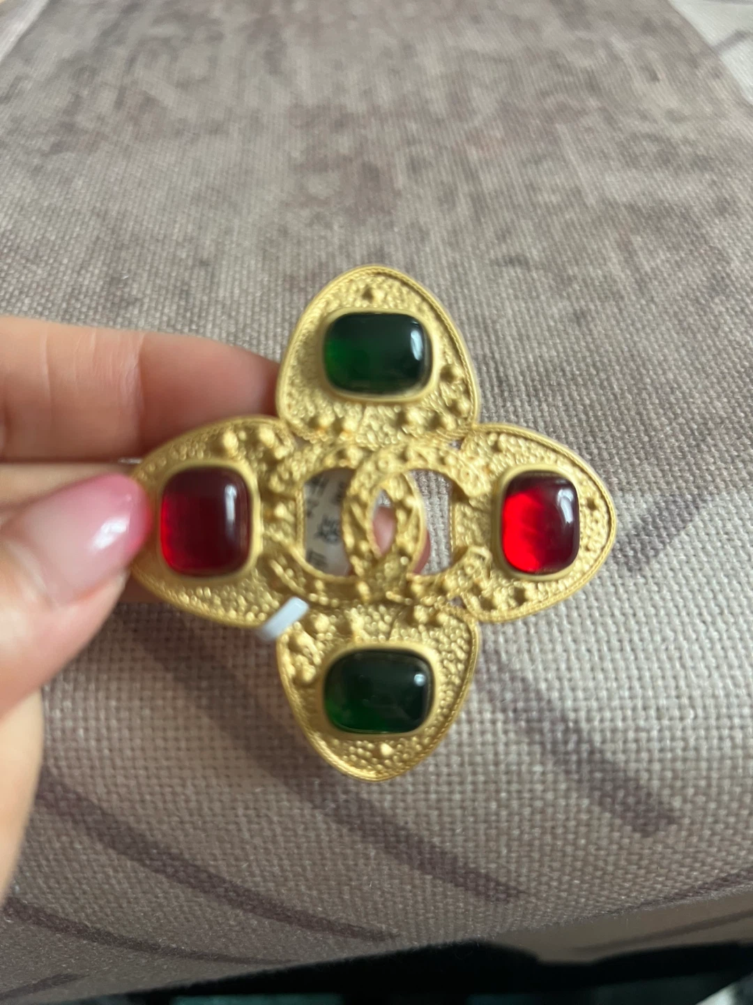 Gold Tone Brooch with Red and Green Stones