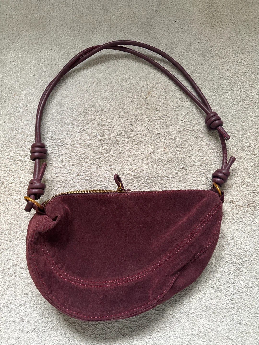 Maroon Suede Half-Moon Shoulder Bag