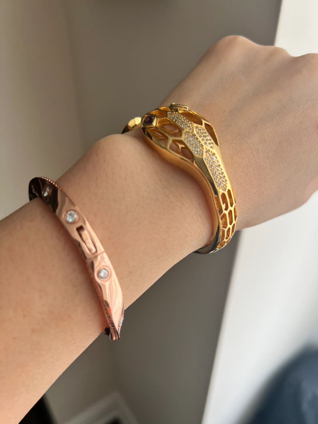 Gold Snake Head Bangle Bracelet with Crystals