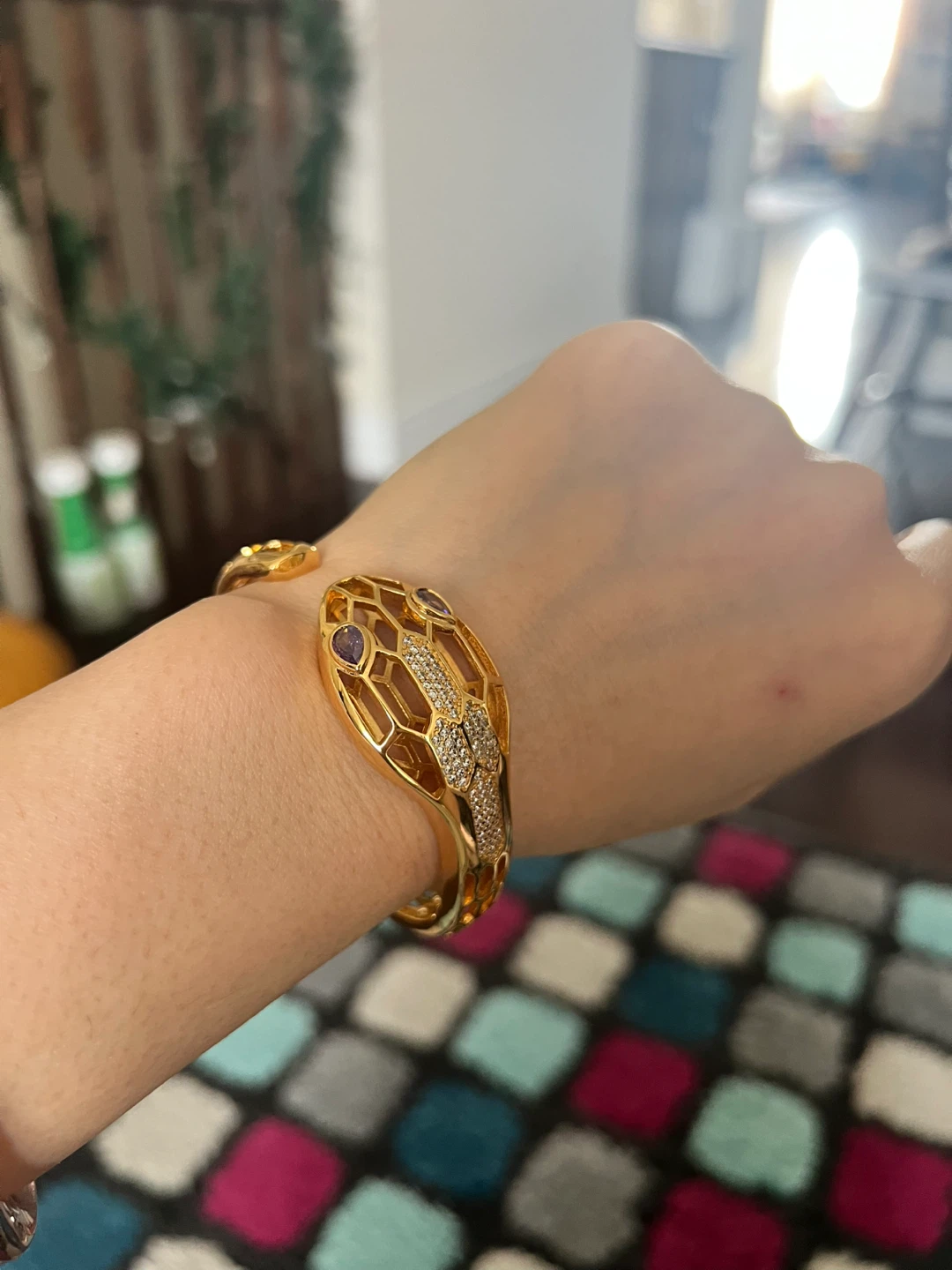 Gold Snake Head Bangle Bracelet with Crystals - photo 4