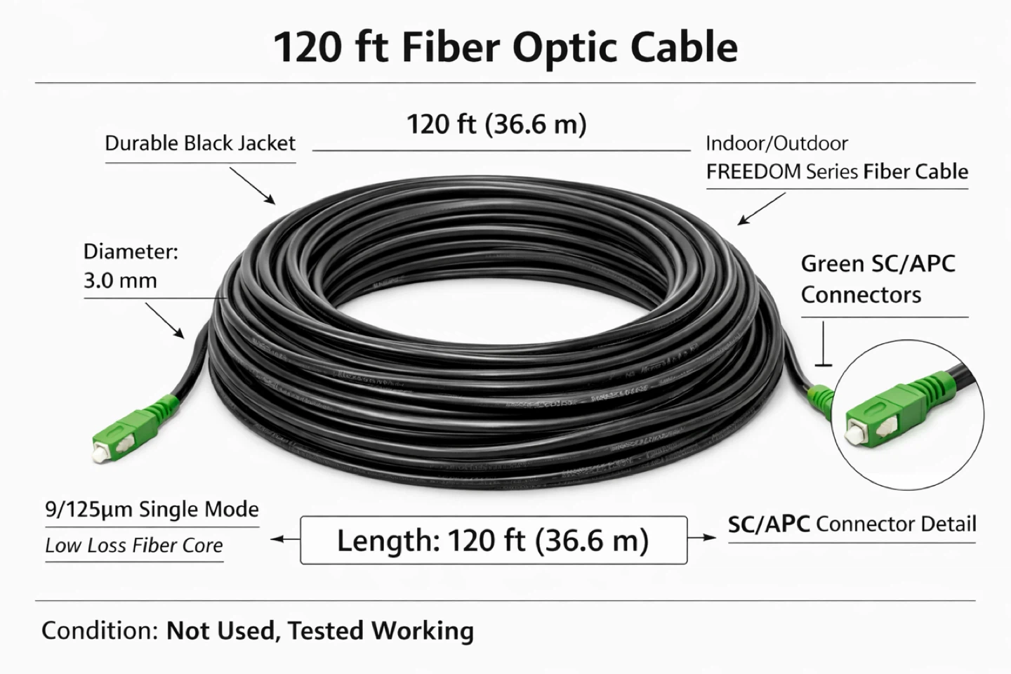 Corning Fiber Optic Drop Cable SC/APC to SC/APC 120FT SMF