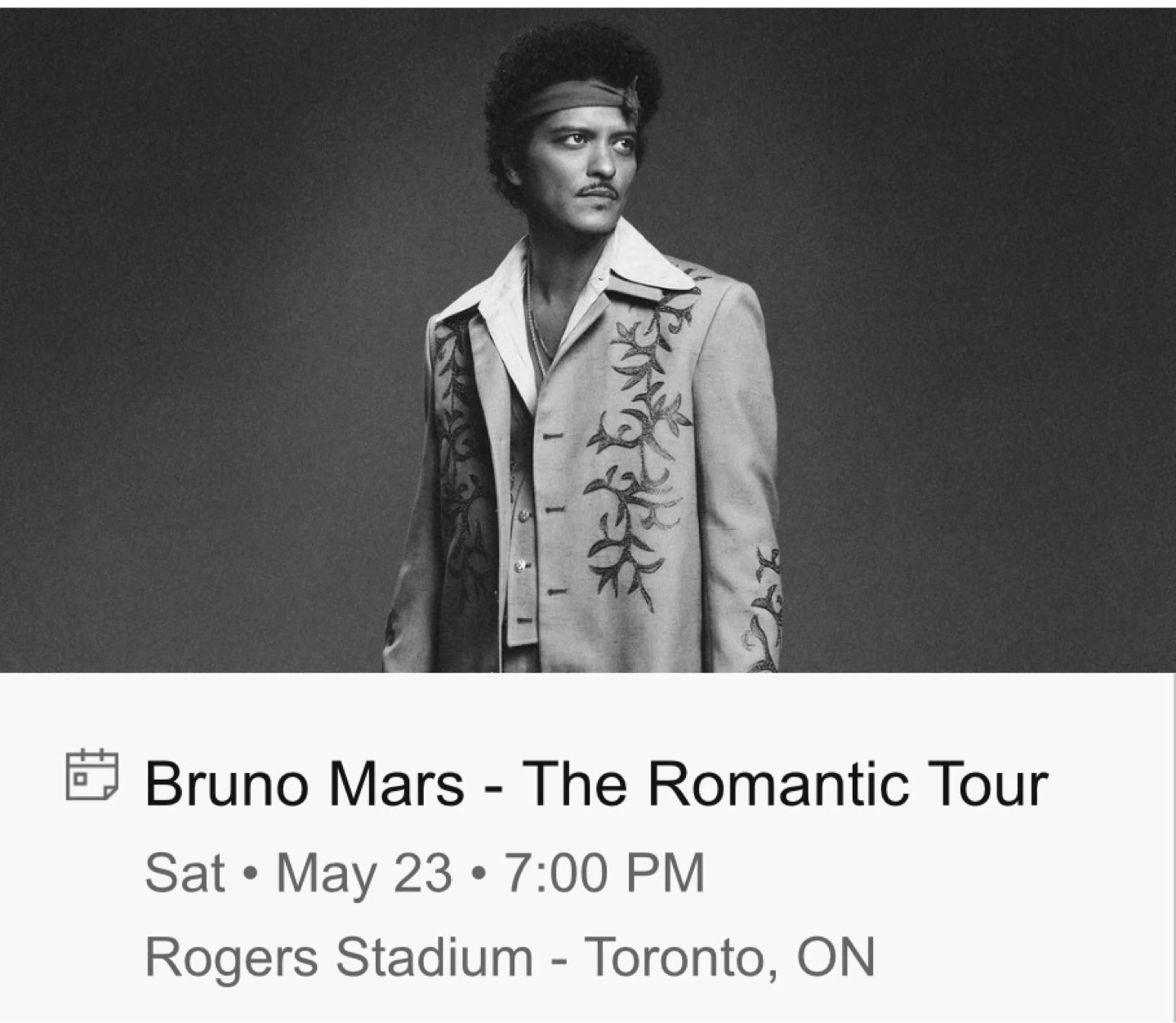 Bruno Mars - The Romantic Tour (Section N113, Row 35)