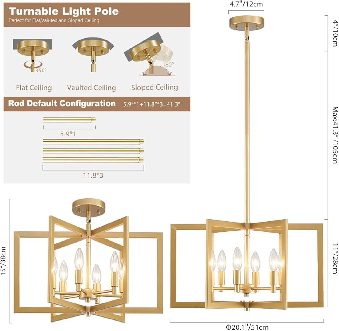 Peskoe Gold Chandelier, 6-Light Geometric Style - BNIB - photo 3