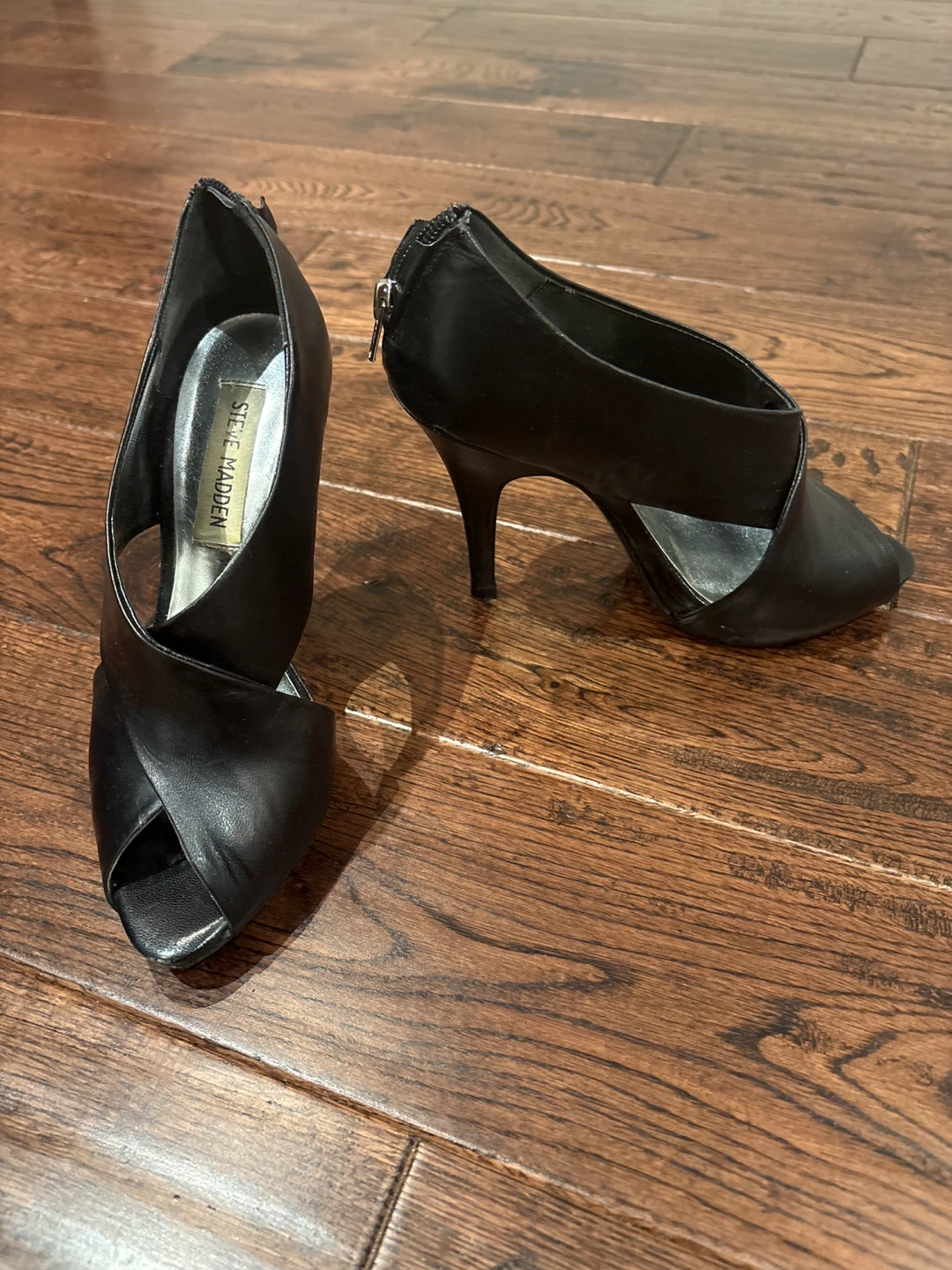 Steve Madden Black Leather Peep-Toe Heels - Size 6M - photo 2