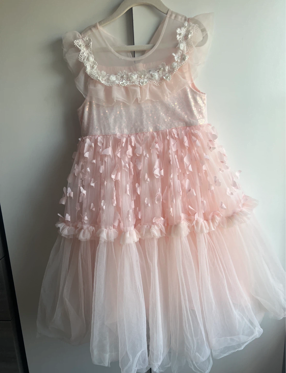 Pink Tulle Dress with Flower Appliques